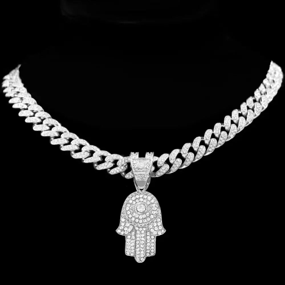 Bling Crystal Hamsa Hand Evil Eye Pendant Zircon Necklace For Women Iced Out Cuban Link Chain Necklace Men Punk Hip Hop