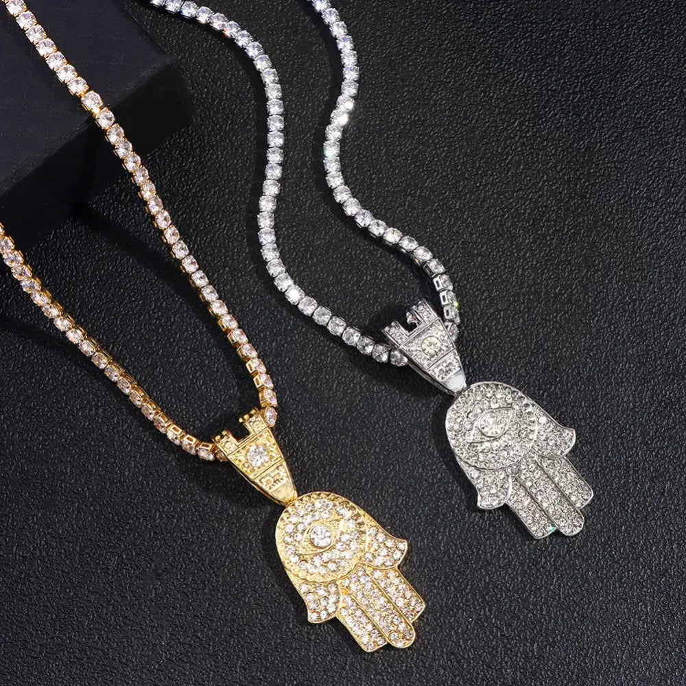 Bling Crystal Hamsa Hand Evil Eye Pendant Zircon Necklace For Women Iced Out Cuban Link Chain Necklace Men Punk Hip Hop
