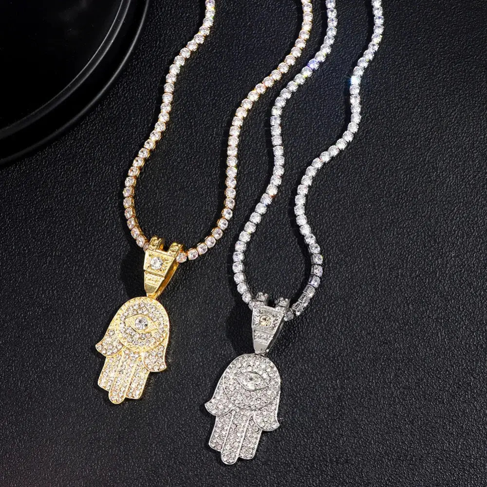 Bling Crystal Hamsa Hand Evil Eye Pendant Zircon Necklace For Women Iced Out Cuban Link Chain Necklace Men Punk Hip Hop