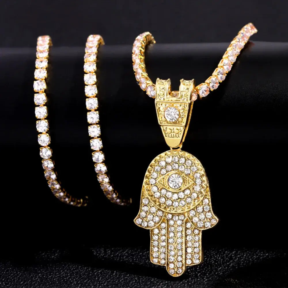 Bling Crystal Hamsa Hand Evil Eye Pendant Zircon Necklace For Women Iced Out Cuban Link Chain Necklace Men Punk Hip Hop