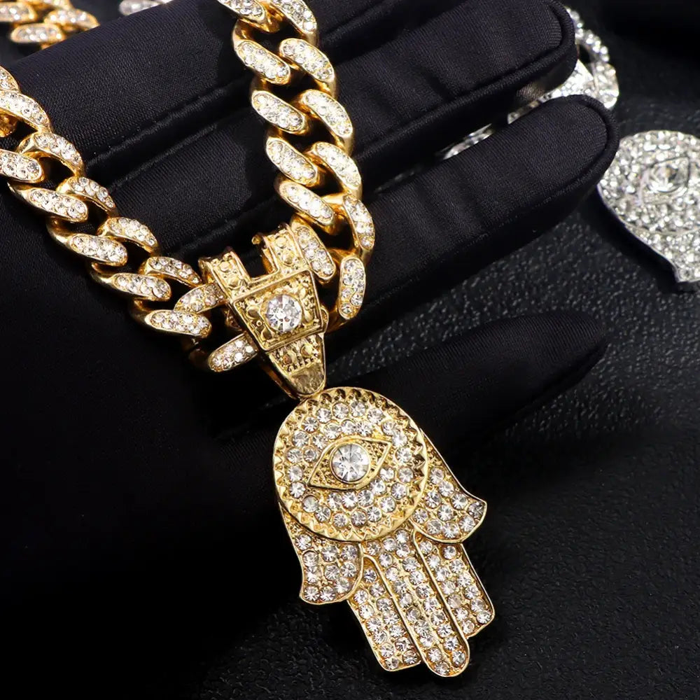 Bling Crystal Hamsa Hand Evil Eye Pendant Zircon Necklace For Women Iced Out Cuban Link Chain Necklace Men Punk Hip Hop