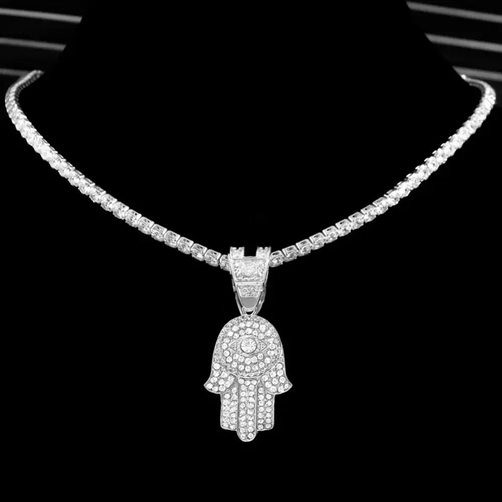 Bling Crystal Hamsa Hand Evil Eye Pendant Zircon Necklace For Women Iced Out Cuban Link Chain Necklace Men Punk Hip Hop