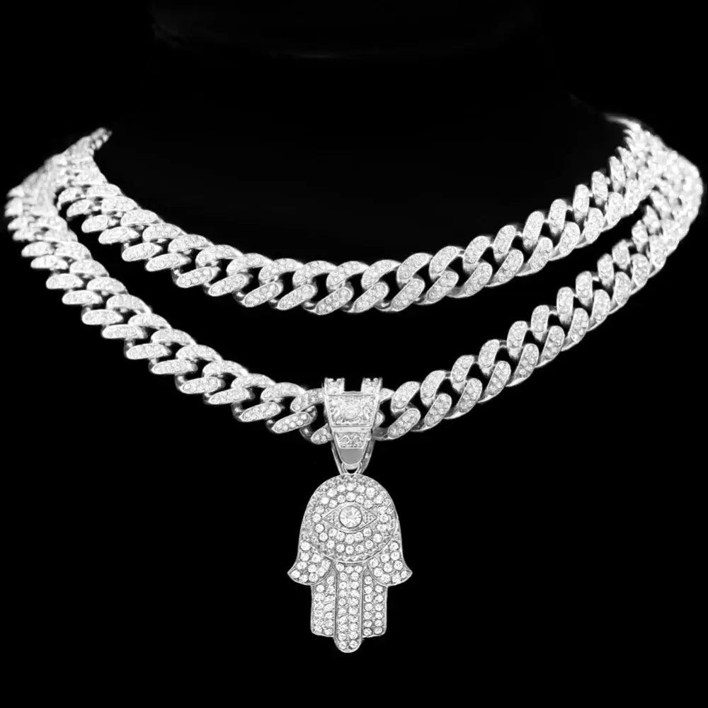 Bling Crystal Hamsa Hand Evil Eye Pendant Zircon Necklace For Women Iced Out Cuban Link Chain Necklace Men Punk Hip Hop