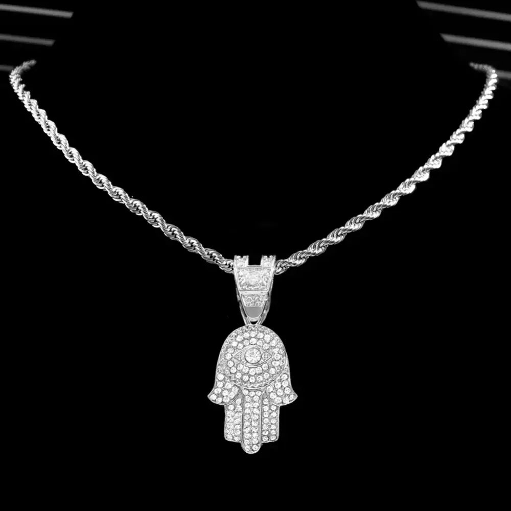 Bling Crystal Hamsa Hand Evil Eye Pendant Zircon Necklace For Women Iced Out Cuban Link Chain Necklace Men Punk Hip Hop