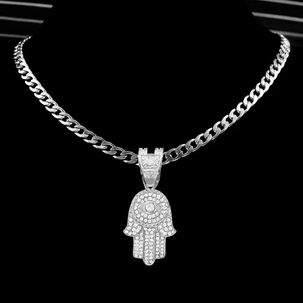 Bling Crystal Hamsa Hand Evil Eye Pendant Zircon Necklace For Women Iced Out Cuban Link Chain Necklace Men Punk Hip Hop