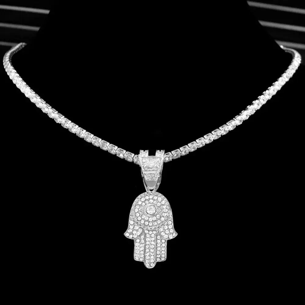 Bling Crystal Hamsa Hand Evil Eye Pendant Zircon Necklace For Women Iced Out Cuban Link Chain Necklace Men Punk Hip Hop