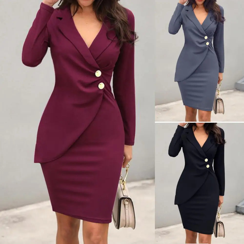 Buttoned Long Sleeve Bodycon Dress for Work (In Stock)