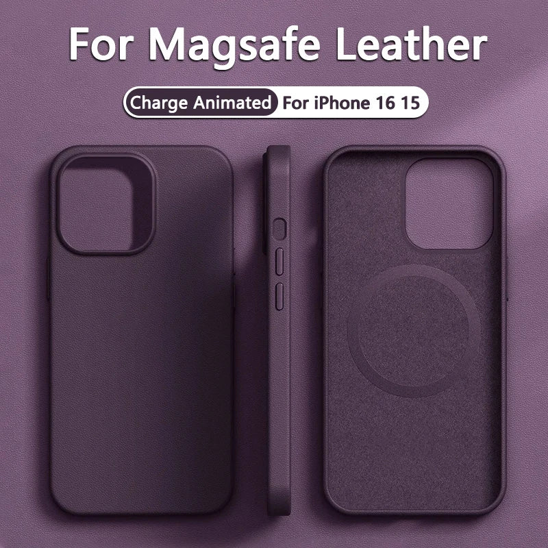 R&z - Original Leather Wireless Charging Animation Cases for iPhone 16 15 14 13 Pro Max Magsafe Phone Case Magnetic Cover Accessories