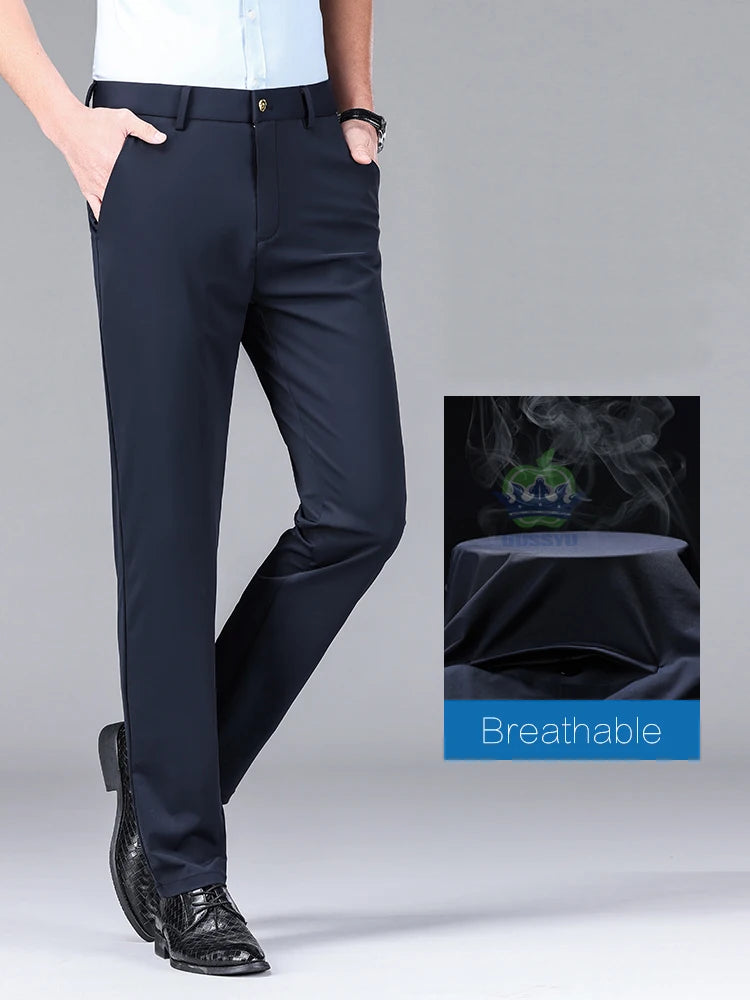 R&z -  Summer Thin Ice Silk Business Pants Men Elastic Waist Classic Work