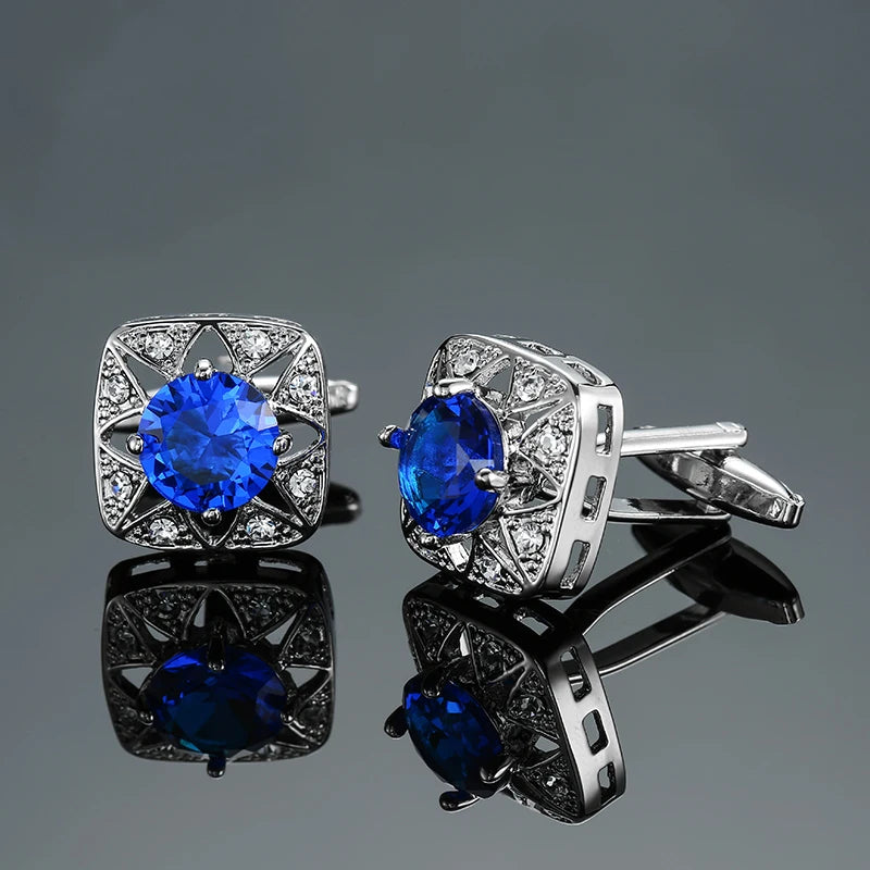 R&z - French shirt cufflinks Luxury Square Blue Red Crystal Zircon cuffs buttons business suit accessories jewelry