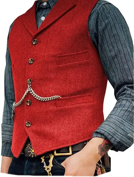 R&z - Vest Lapel V Neck Herringbone Casual Business Vest Waistcoat Groomman For Wedding Tweed Business Waistcoat