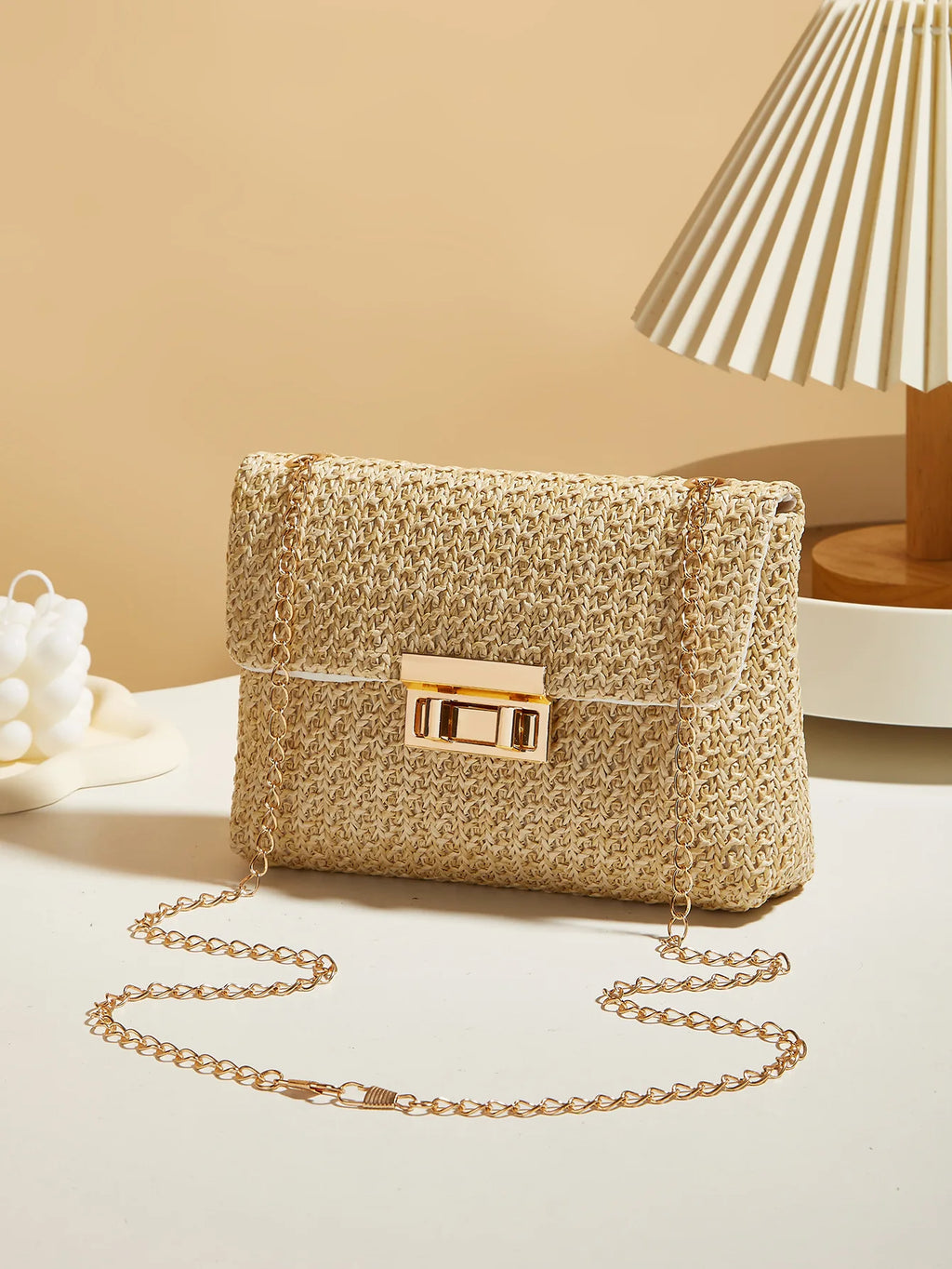 Woven Straw Handwoven Women's Shoulder Bag, Fashion Solid Color Crossbody Purse with Lock Closure