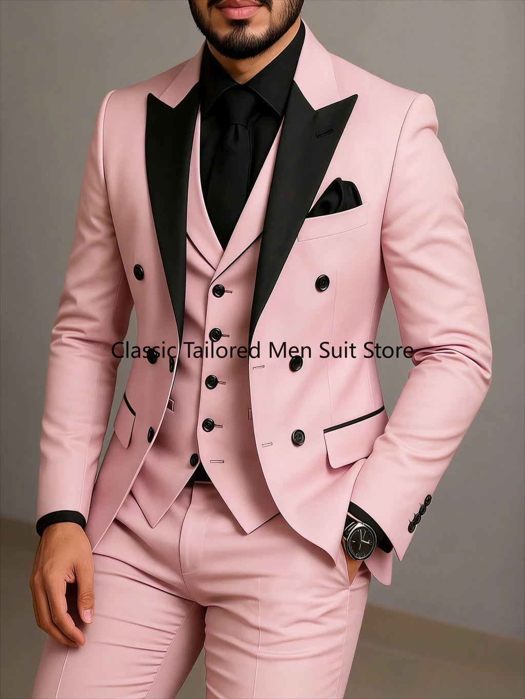 Beige Double Breasted Suit  Black Lapel  Slim Fit Wedding Suit