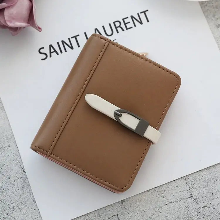 Classic morandi folding card wallet in brown faux leather with white strap and silver buckle folding card wallet