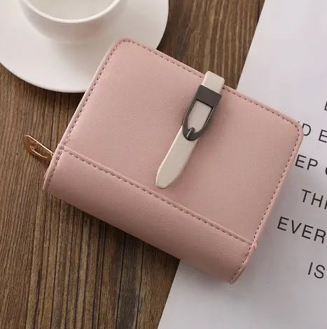 Classic morandi folding card wallet in soft pink faux leather with a white and silver metal clasp folding card wallet