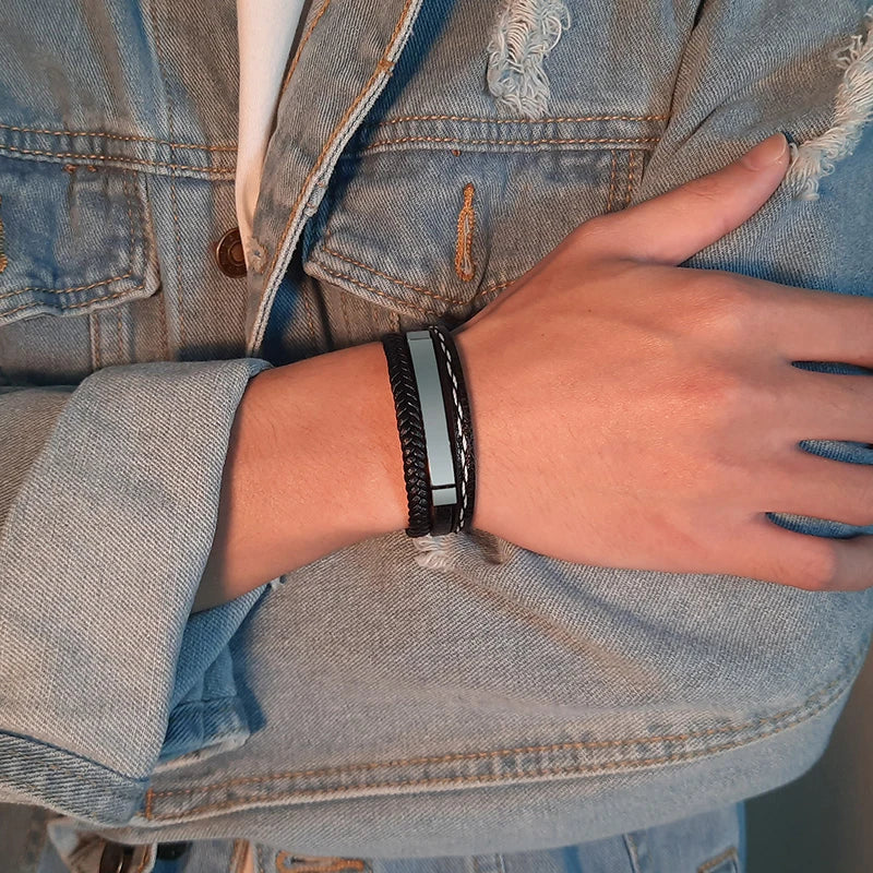 Vnox Custom Logo Name Quote Engrave Multi-layer Leather Bracelets for Men Stainless Steel ID Bangle Personalize Dad Father Gift