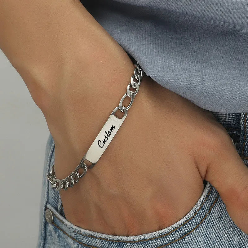 Custom Name Logo Any Text Engraved Leather Bangle & Bracelet Personalized Stainless Steel Bracelets For Women Men ID Bracelet