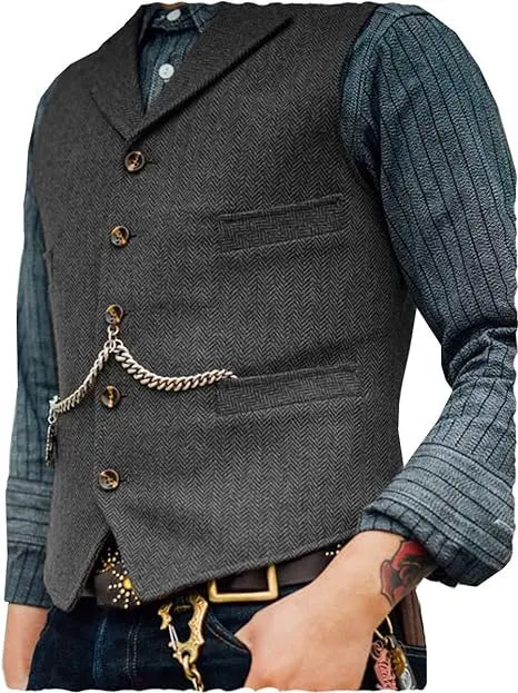 R&z - Vest Lapel V Neck Herringbone Casual Business Vest Waistcoat Groomman For Wedding Tweed Business Waistcoat