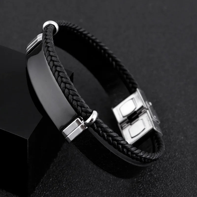 Custom Stainless Steel Bracelet Simple Casual Leather Woven Bracelet Engraved Titanium Leather Bracelet for Men Stainless Steel