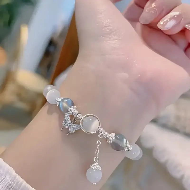 Dainty Blue Cats Eye Beaded Bracelet Cute Butterfly Charm Elastic Hand Chain Moonlight Opalite Stone Jewelry Graduation