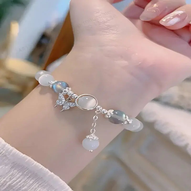 Dainty Blue Cats Eye Beaded Bracelet Cute Butterfly Charm Elastic Hand Chain Moonlight Opalite Stone Jewelry Graduation