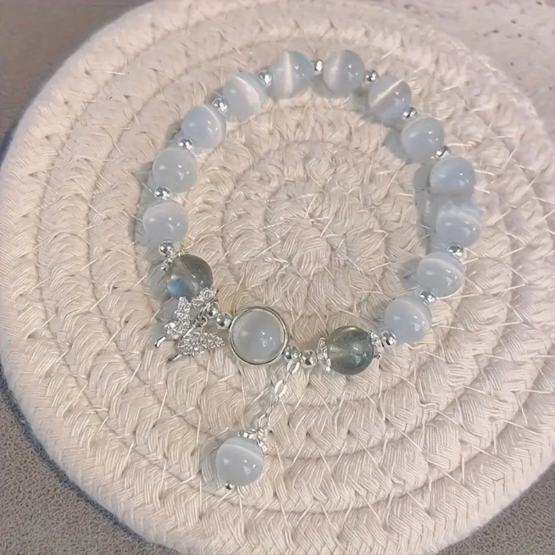 Dainty Blue Cats Eye Beaded Bracelet Cute Butterfly Charm Elastic Hand Chain Moonlight Opalite Stone Jewelry Graduation