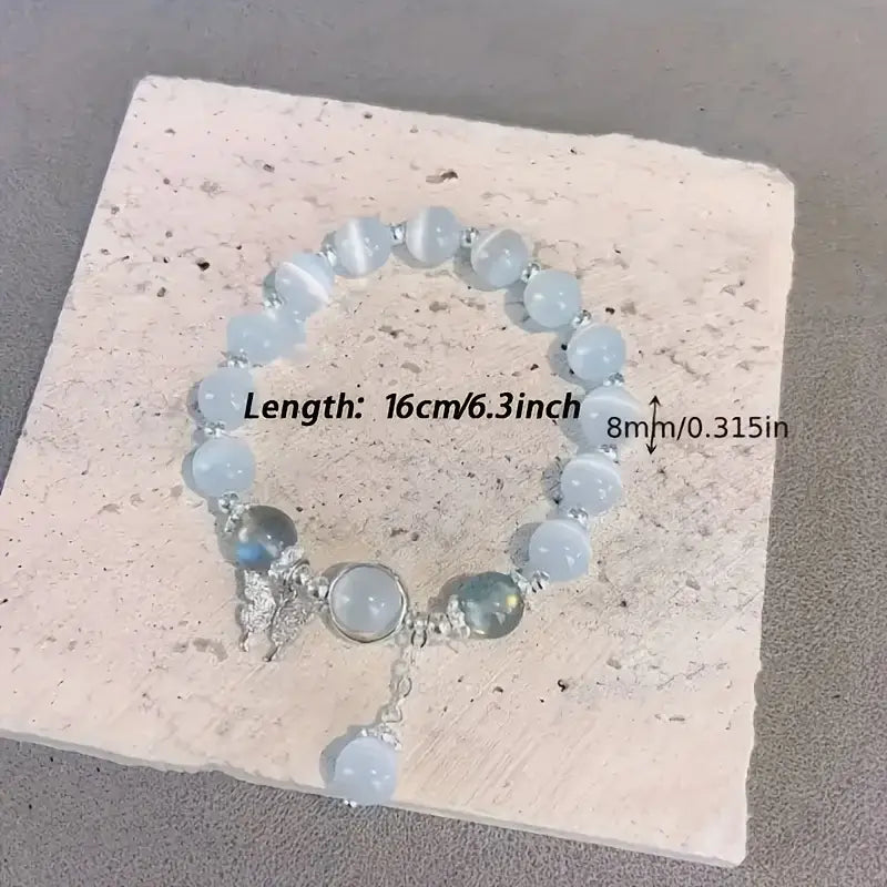 Dainty Blue Cats Eye Beaded Bracelet Cute Butterfly Charm Elastic Hand Chain Moonlight Opalite Stone Jewelry Graduation