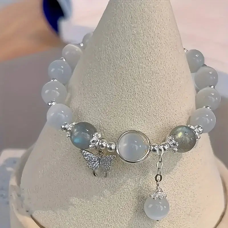 Dainty Blue Cats Eye Beaded Bracelet Cute Butterfly Charm Elastic Hand Chain Moonlight Opalite Stone Jewelry Graduation