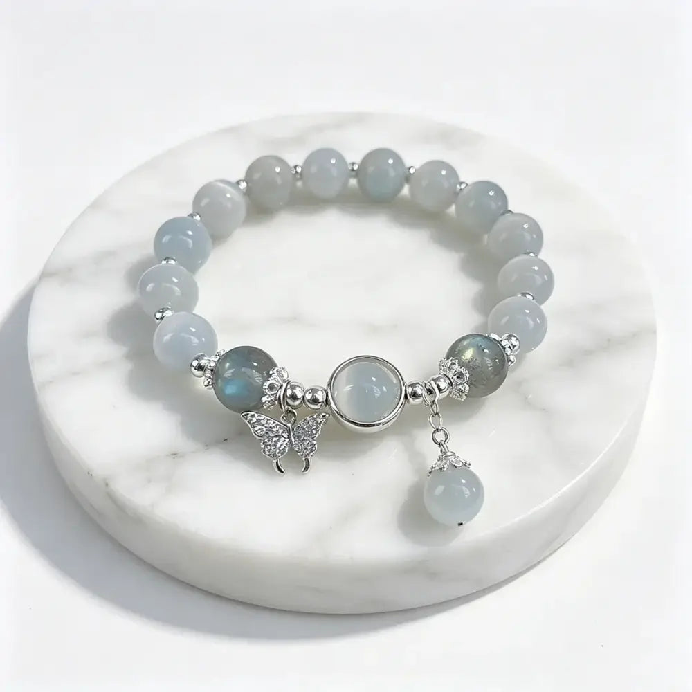 Dainty Blue Cats Eye Beaded Bracelet Cute Butterfly Charm Elastic Hand Chain Moonlight Opalite Stone Jewelry Graduation