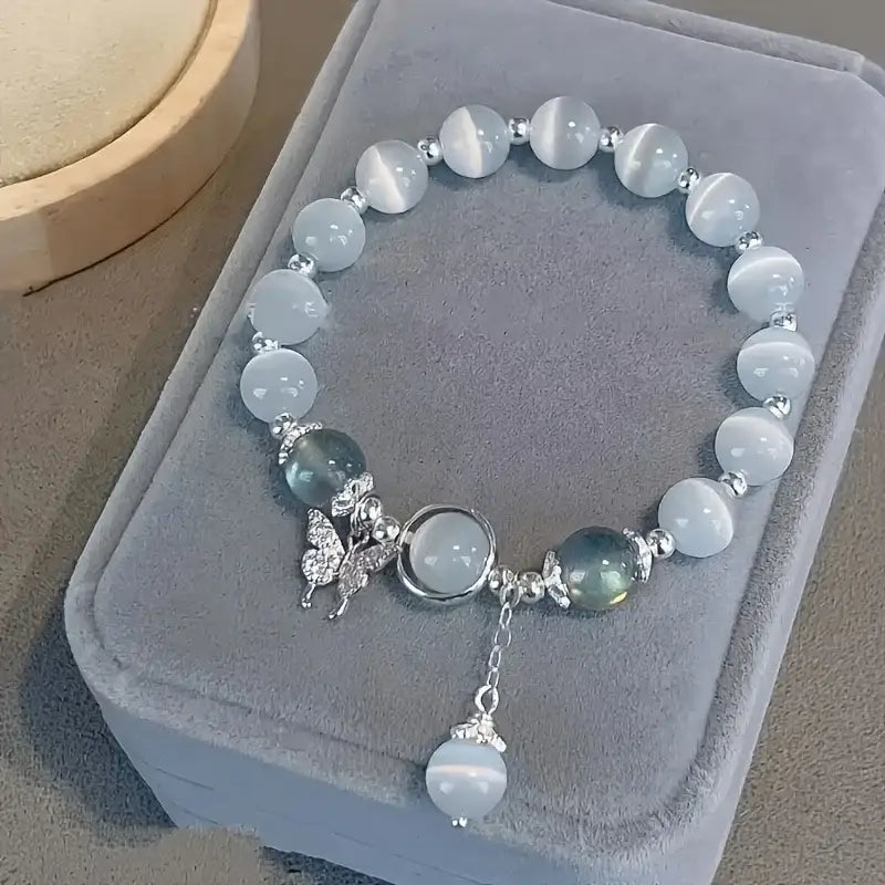 Dainty Blue Cats Eye Beaded Bracelet Cute Butterfly Charm Elastic Hand Chain Moonlight Opalite Stone Jewelry Graduation