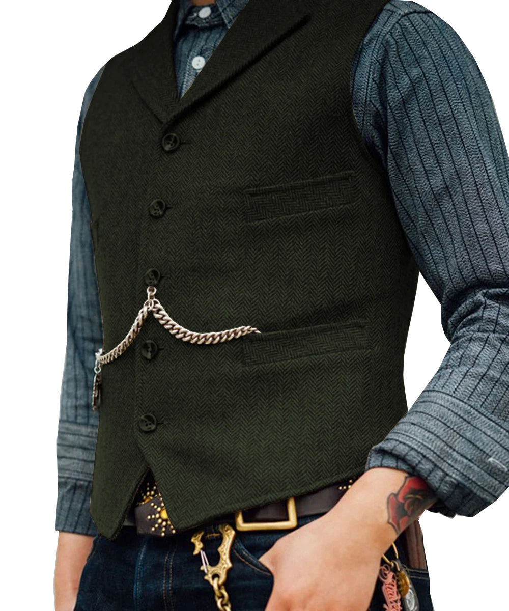 R&z -  Vest Lapel V Neck Wool Herringbone Casual Brown Waistcoat Casual Formal