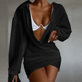 Deep V-neck Solid Color Long Sleeve Mini Dress - Black / L