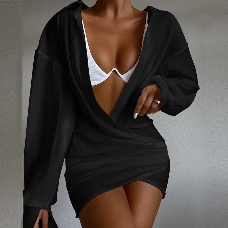 Deep V-neck Solid Color Long Sleeve Mini Dress - Black / L