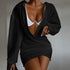 Deep V-neck Solid Color Long Sleeve Mini Dress - Black / L