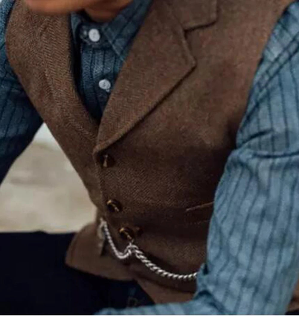 R&z -  Vest Lapel V Neck Wool Herringbone Casual Brown Waistcoat Casual Formal
