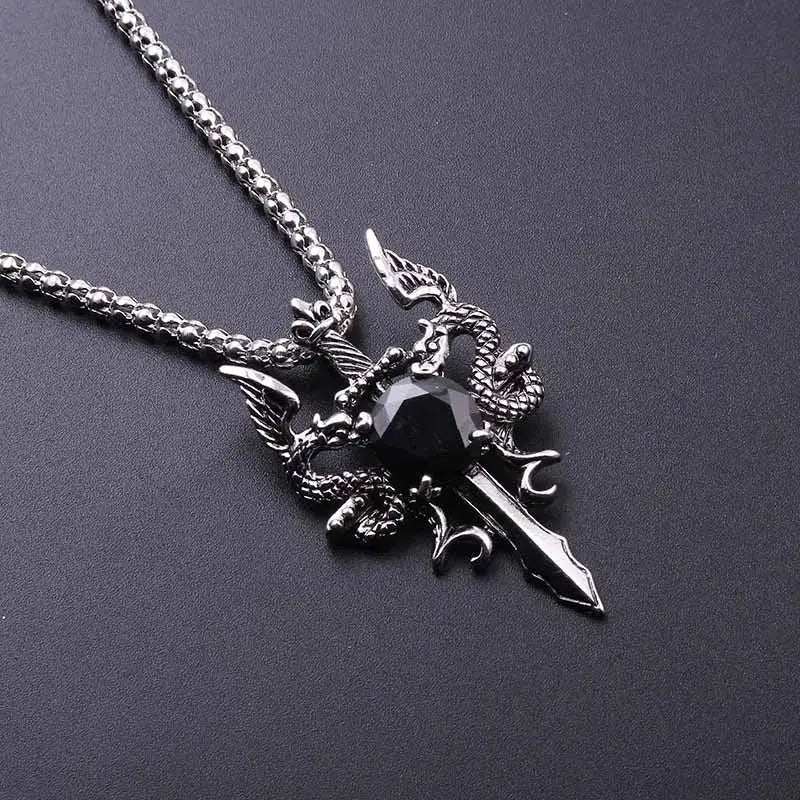 Double Dragon Black Gem Cross Necklace Punk Personalized Pendant Jewelry Accessory for Women Men Trendy Gifts - Necklace