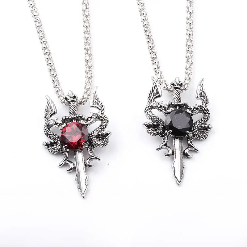 Double Dragon Black Gem Cross Necklace Punk Personalized Pendant Jewelry Accessory for Women Men Trendy Gifts - Necklace