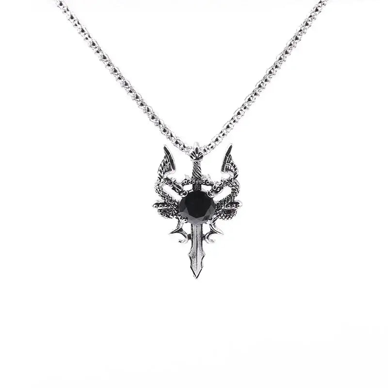 Double Dragon Black Gem Cross Necklace Punk Personalized Pendant Jewelry Accessory for Women Men Trendy Gifts - Necklace
