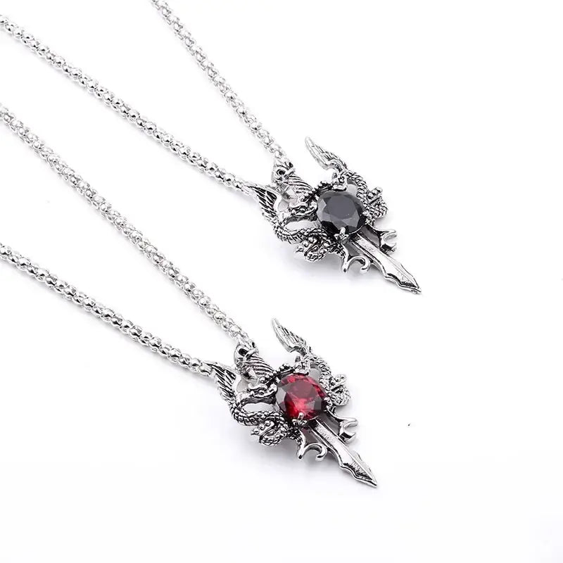 Double Dragon Black Gem Cross Necklace Punk Personalized Pendant Jewelry Accessory for Women Men Trendy Gifts - Necklace