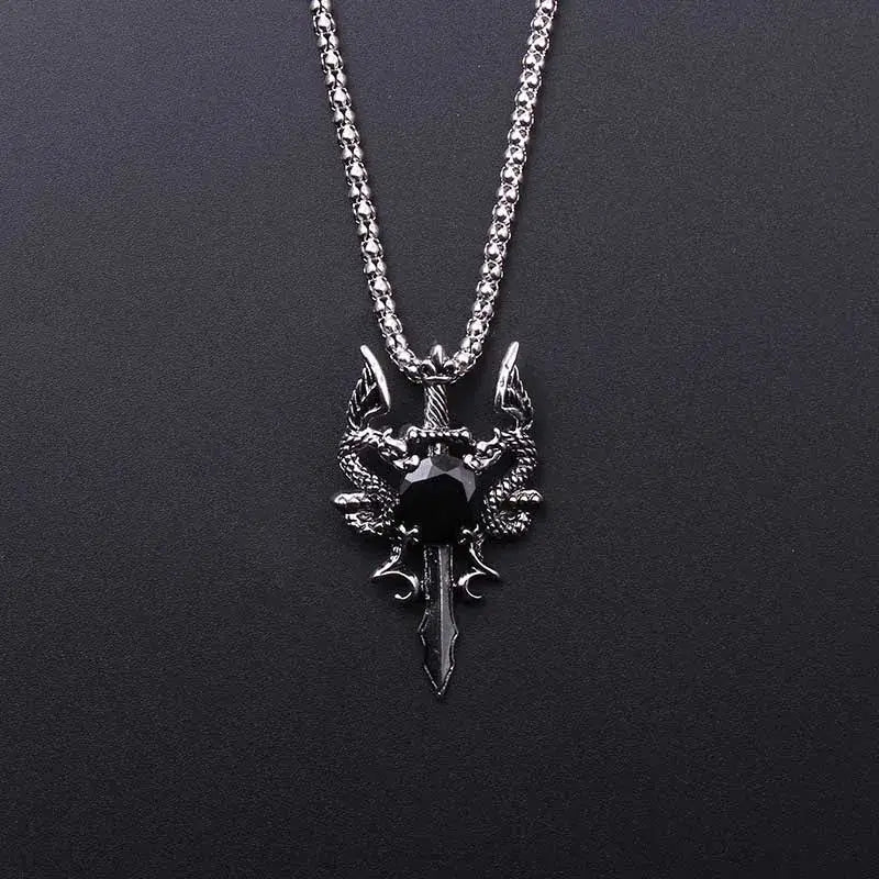 Double Dragon Black Gem Cross Necklace Punk Personalized Pendant Jewelry Accessory for Women Men Trendy Gifts - Necklace