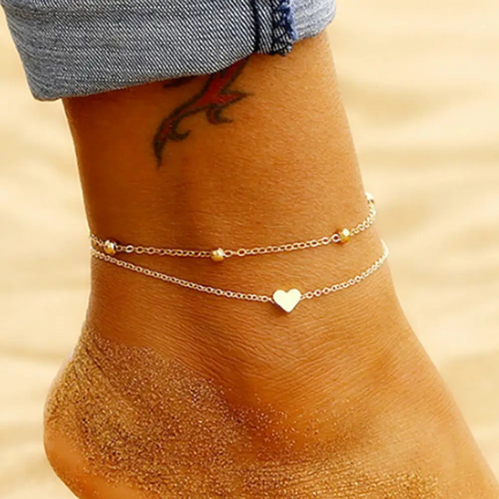 Double Layer Heart Anklet for Beach Vacation Style - Gold
