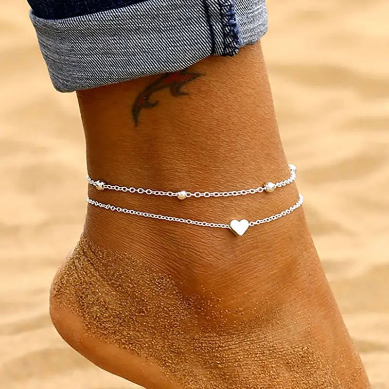 Double Layer Heart Anklet for Beach Vacation Style - Silver