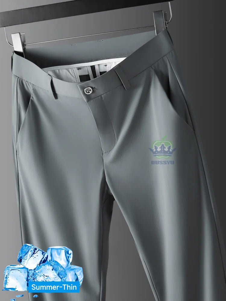 R&z -  Summer Thin Ice Silk Business Pants Men Elastic Waist Classic Work