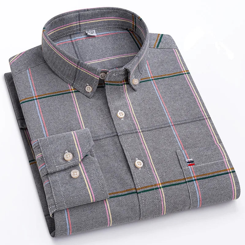R&z - Men's 100% Cotton Shirt Long Sleeve Plaid Oxford Casual Solid Color Print Regular Fit Formal Dress Shirt Oversized 7XL  6XL 5XL
