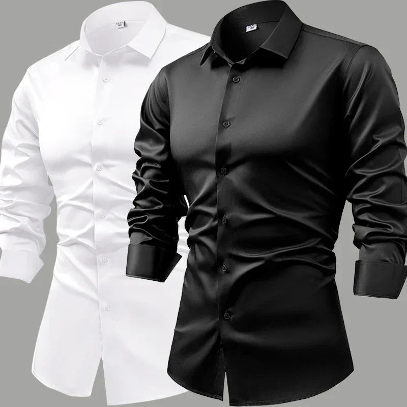 R&z - Silk cotton long sleeved shirt men's pure white shirt 2025 spring high-end sense inch shirt casual business suit formal wear