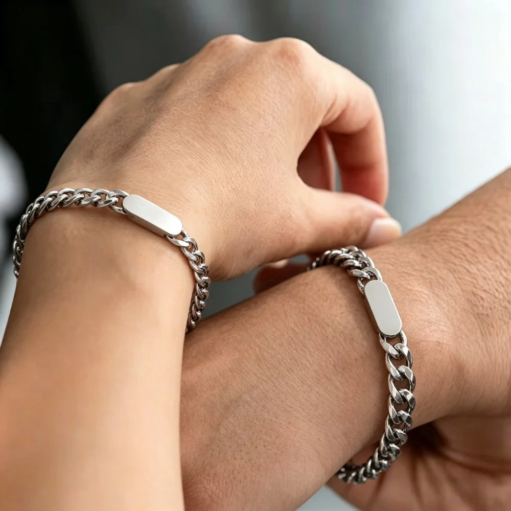 Engraved Name Customized Couple Bracelets Stainless Steel Gold Plated Thick Hand Chain Personalized Gift for Lover Men Women