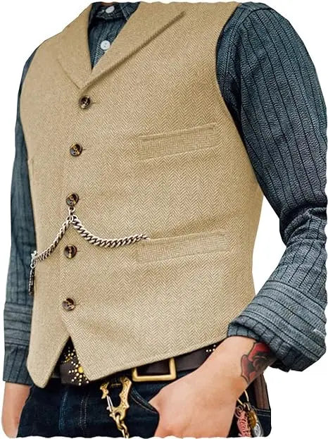 R&z - Vest Lapel V Neck Herringbone Casual Business Vest Waistcoat Groomman For Wedding Tweed Business Waistcoat