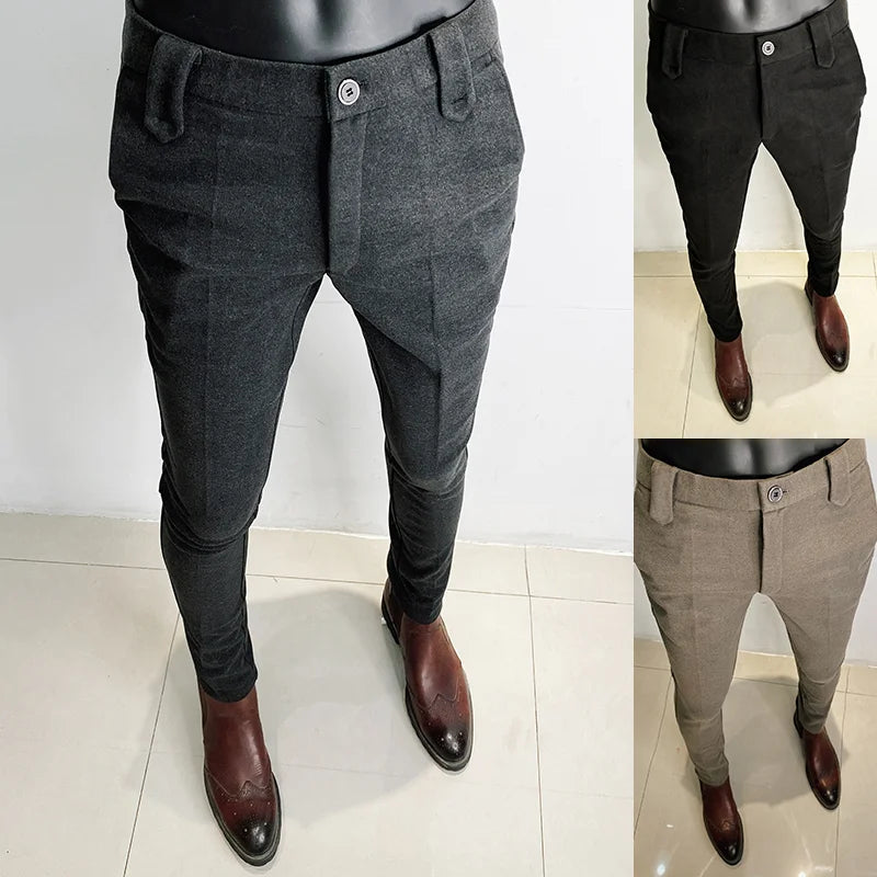 R&z - Pants Men Casual Slim Fit Straight Trousers Formal Business Woolen Cloth Social Office Dress Pants
