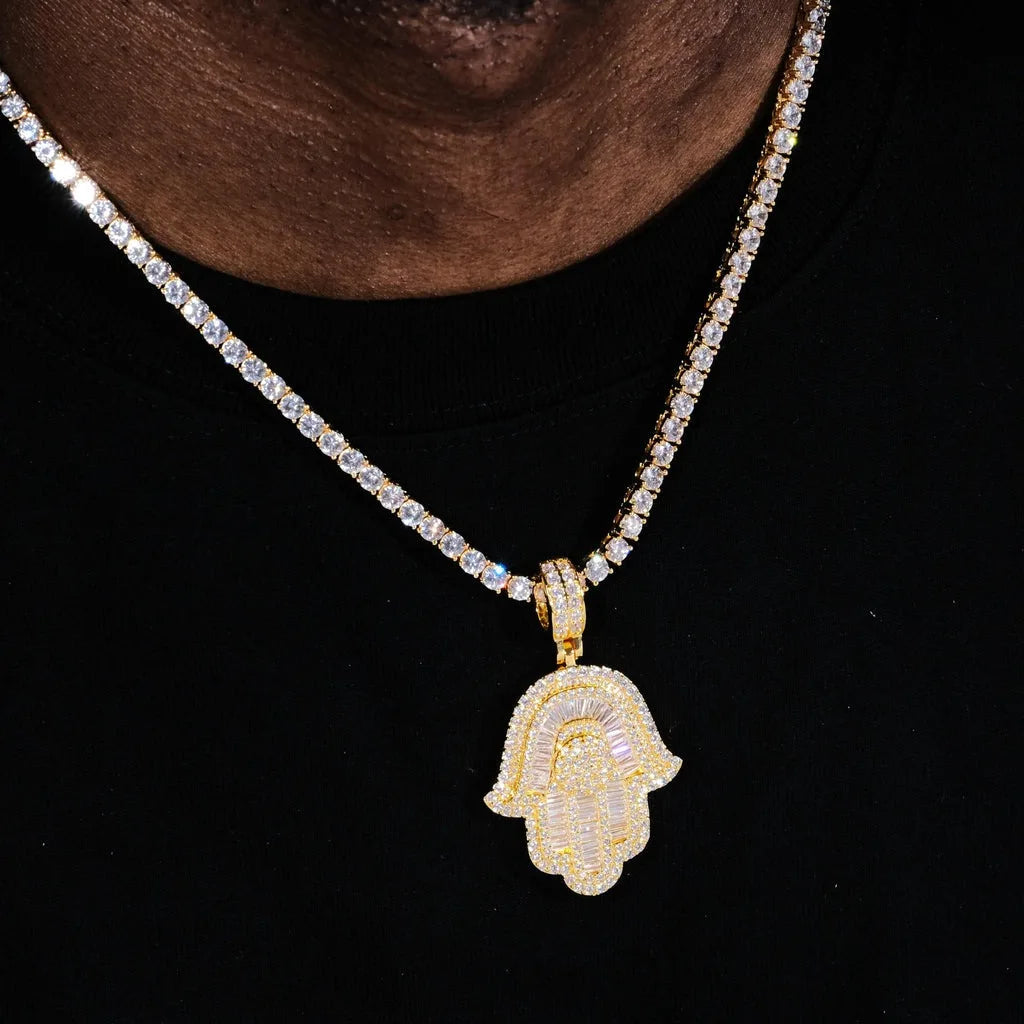 Hip Hop Jewelry Micro Iced Out Baguette CZ Hamsa Hand Pendant with 24" Tennis/Rope Chain Necklaces for Men Women