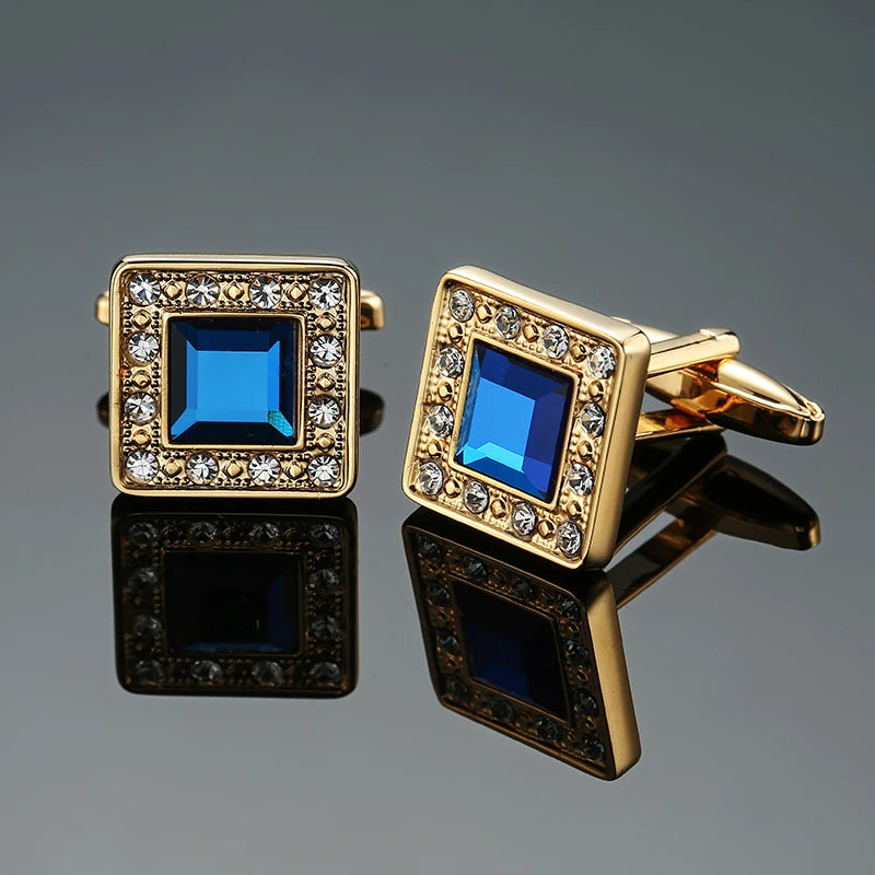R&z - French shirt cufflinks Luxury Square Blue Red Crystal Zircon cuffs buttons business suit accessories jewelry